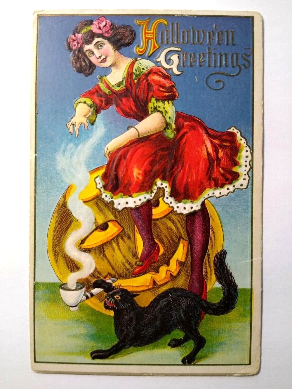 Halloween Postcard Black Cat Women Pumpkin JOL Smokes Pipe 1912 Lions Head